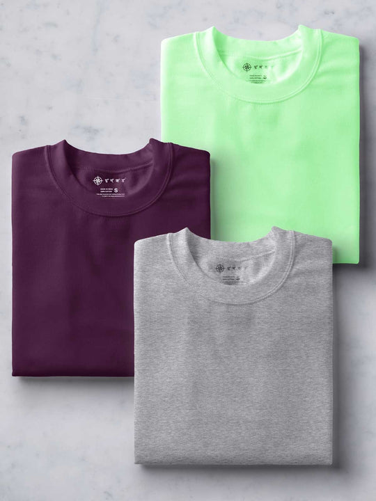 Light Grey, Wine & Electric Mint T shirts Combo | Pack of 3