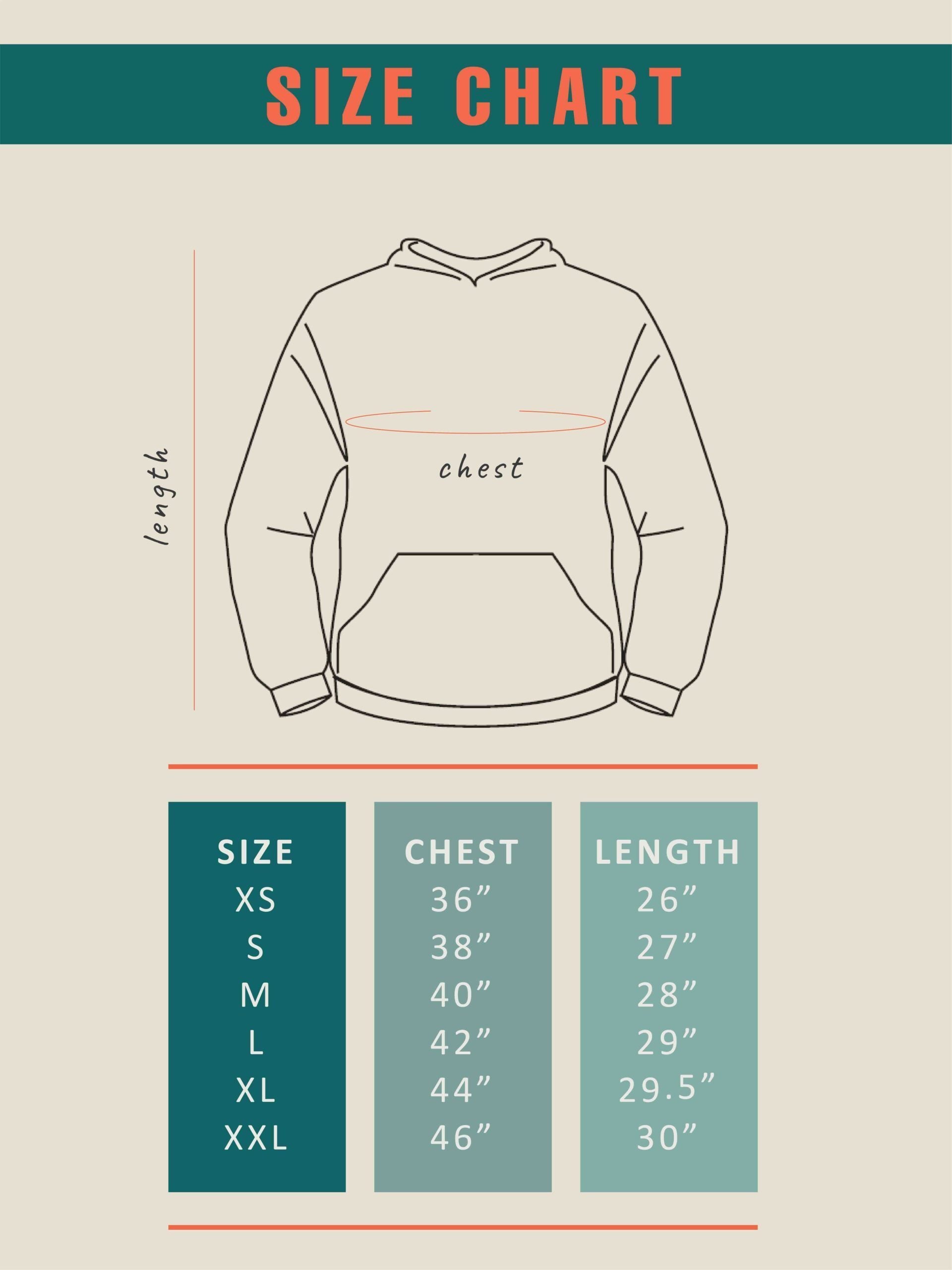 Size chart of printed hoodies by shopghumakkad
