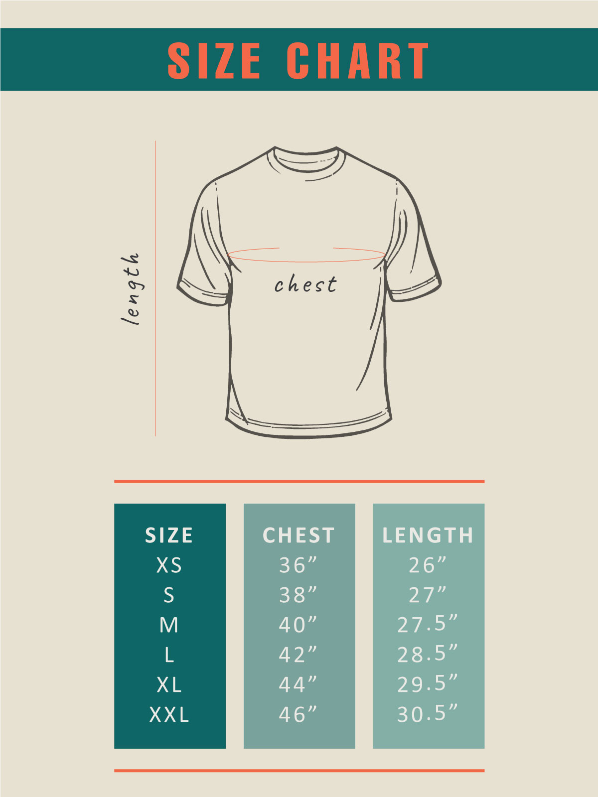 Size chart for unisex printed Tshirts by shopghumakkad