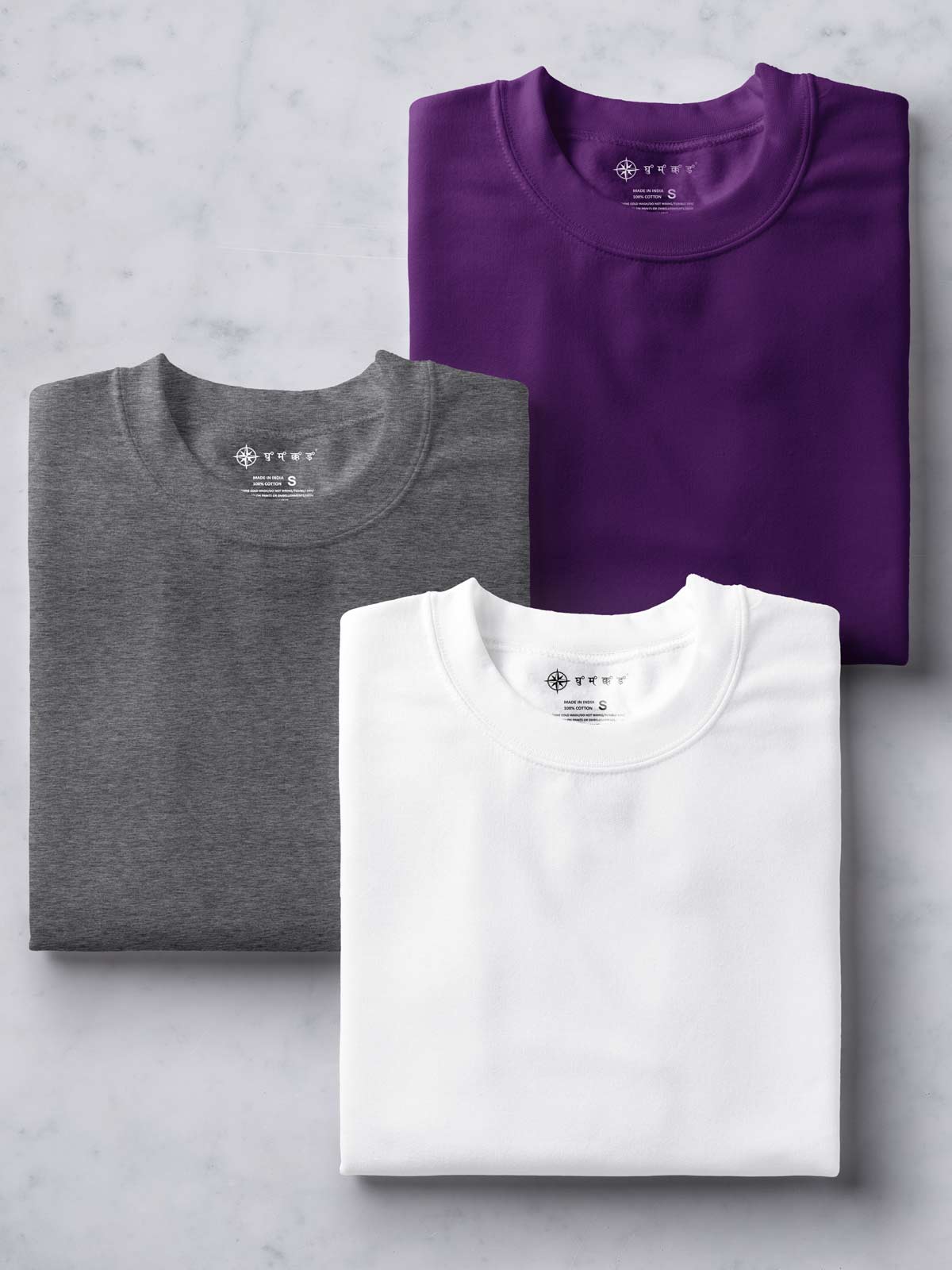 Pack of 3 | White, Deep Purple & Dark Grey Unisex Plain T shirt